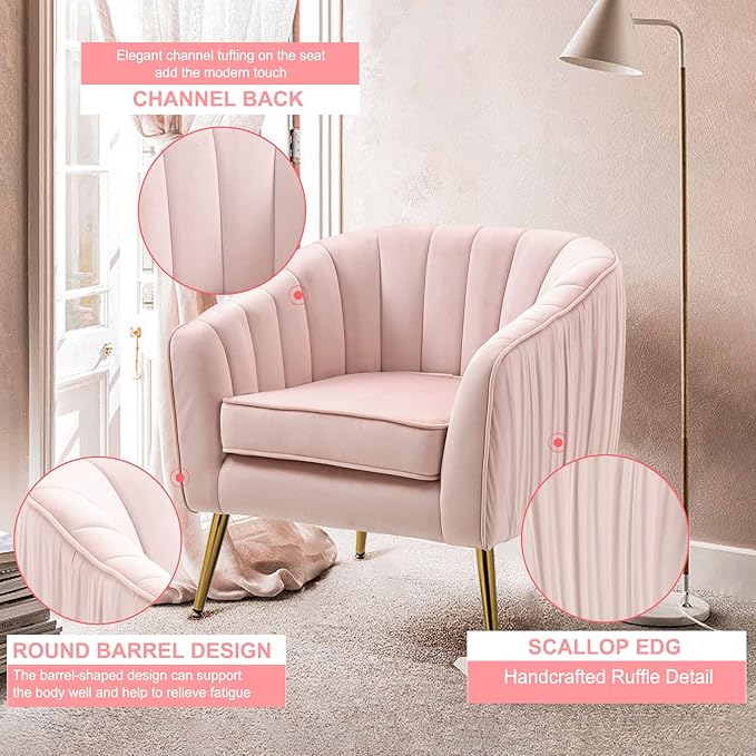 Velvet Accent Sofa Chair with Ottoman Comfy Living Room Chairs with Adjustable Legs Modern Upholstered Tufted Lounge Barrel Chair Ottoman Set for Bedroom Home Office (Pink)