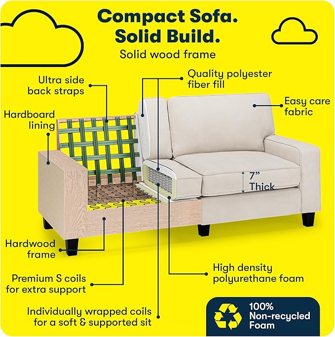 Serta Palisades 73 Track Arm Sofa Easy Care Polyester Soft Pillow Back Pocket Coil Seat Cushions Removable Covers Loveseat or Couch for Small Spaces Living Rooms or Bedrooms Cream White
