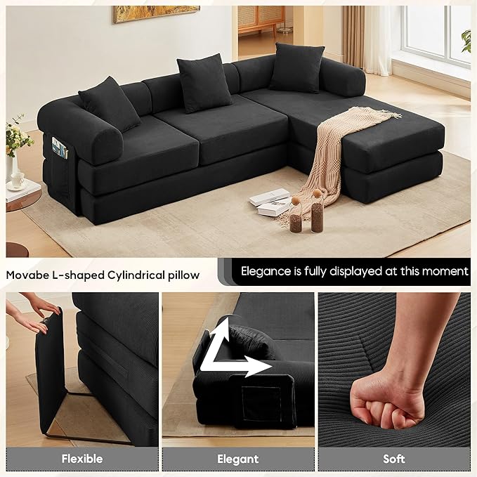 L Shaped Convertible Modular Sofa Bed with Cylindrical Pillow &amp Reversible Chaise Corduroy Folding Floor Sofa Couch Bed with Fixed-Shape Frame &amp Storage Pocket for Living Room Black