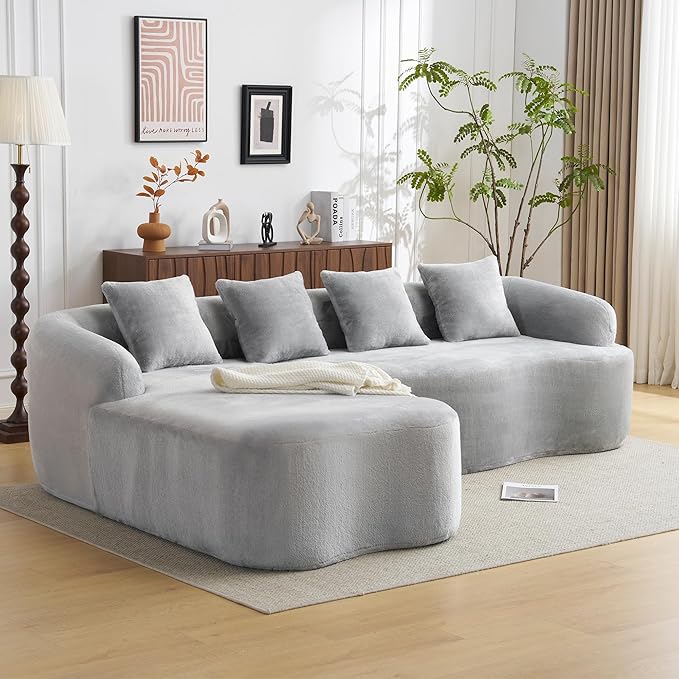 KEIKI 104.7 Cloud Sofa L-Shape Sectional Sofa with Curved Chaise Futon Sofa Couch Folding Mattress for Living Room Guest BedroomNo Assembly Required Light Gray