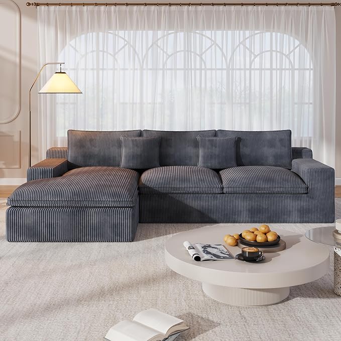 108 Cloud Modular Sectional Couch with Deep Seat L-Shape Boneless Sofa with Oversized Chaise Comfy Fluffy Couches for Living Room Convertible Layered Cushions Plush Corduroy Dark Grey