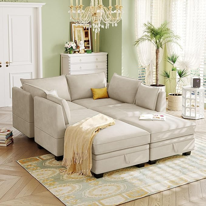 P PURLOVE Sectional Sofa Large Modular Sectional Sofa Convertible Couch with Reversible Chaise for Living Room with Plastic Legs (Beige)