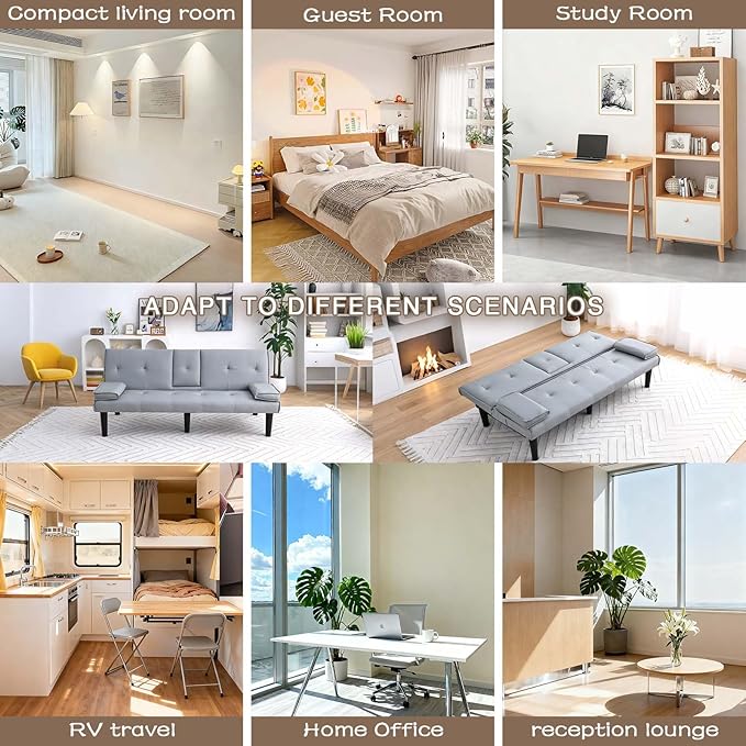 67 Futon Sofa BedConvertible Sofa Bed with 2 Cup HoldersSleeper Couch PVC Leather Removable Soft Armrest Small Couch for Living Room Apartments ﻿ (Light Gray)