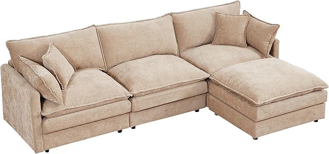 Cloud Couch Modular Sectional Sofa 102-Inch L-Shaped Chenille Fabric 3-Seater with Movable Ottoman Living Room Couch Set with Memory Foam Cushions (Coffee L)