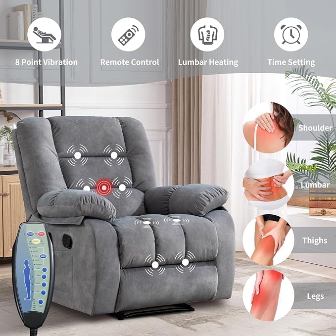 Massage Recliner Chair with Heat and Massage Ergonomic Overstuffed Breathable Fabric Reclining Chairs Single Sofa Chair with Side Pockets for Living Room Home Theater (L-Gray)