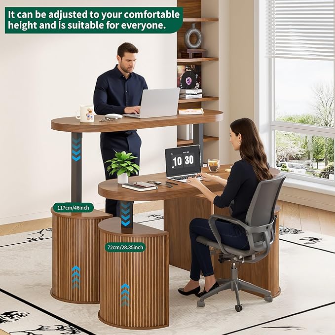 Mid Century Modern Electric Standing Desk with Storage 55 x 22 Inch Small Sit Stand Up Desk Wood Adjustable Height Computer Executive Desk for Home Office Laptop Walnut