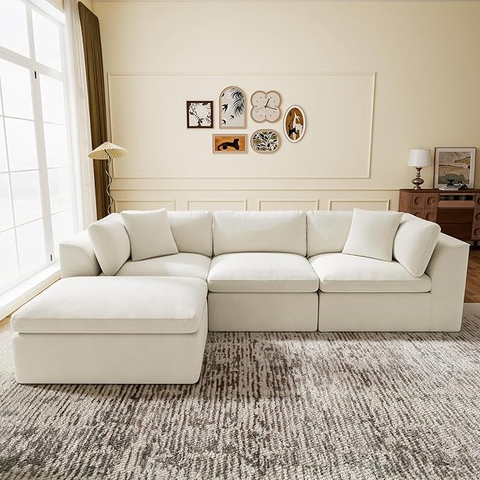 4 Seater Modular Sectional CouchModern L Shaped Boneless Sectional Sofa with OttomanChenille Cloud Couches for ApartmentBeige