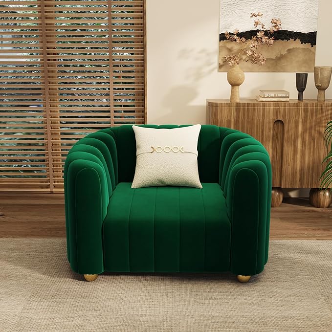 Modern Velvet Sofa Couch for Living Room 42 Comfy Upholstered Sofa Chair with Gold Metal Legs &amp Pillow Luxury Sectional Armchair Sofa for Bedroom Office Apartment (Green 1 Seater)