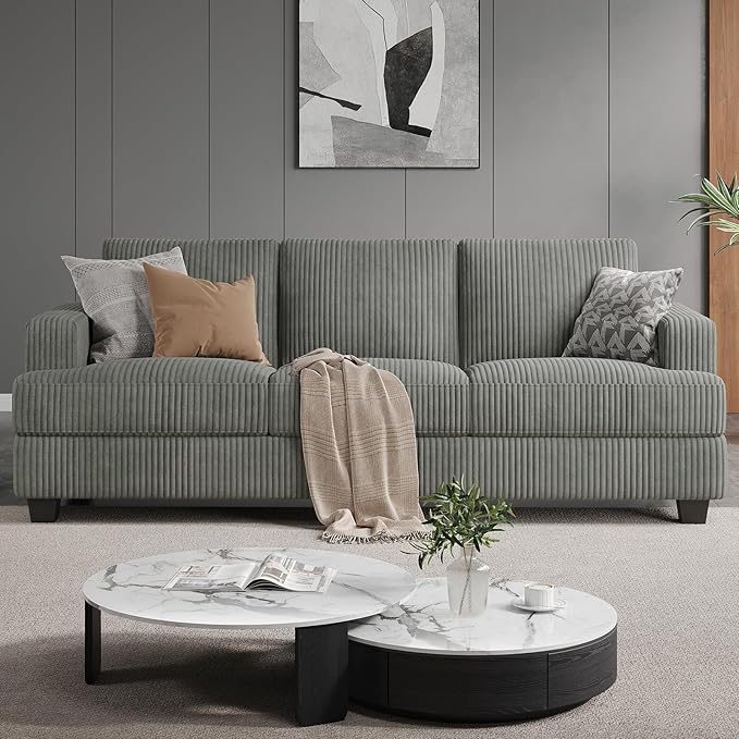 89 Inch Sofa with Extra Deep Seats Oversize 3 Seater Sofa for Living Room Modern Couch and Sofa Comfy Armrests and Seats and Backrests Easy InstallationWide Corduroy Fabric Gray
