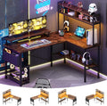 Aheaplus L Shaped Gaming Desk with Power Outlets &amp LED Lights Small L-Shaped Desk Computer Corner Desk with Monitor Stand &amp Storage Shelf Home Office Desk Writing Desk with Storage Bag Rust