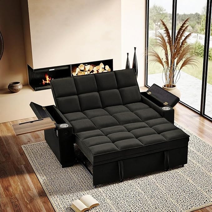 65'' Convertible Sleeper Sofa BedExtra Thick Cushion Polka dot Velvet Pull Out Futon Couch with Storage handrails &amp Rotating Side TablesConvertible Sofa Couch for Living RoomRV (07black)