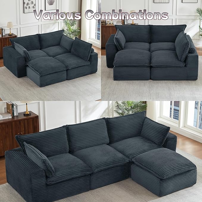 L Shaped Couch Convertible 109 Modular Cloud Couch with Ottoman 3 Seater Upholstered Sectional Sofa Plush Corduroy Boneless Sofa for Living Room Bedroom and Apartment Dark Grey