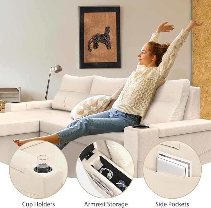 Pamapic 81 Sleeper Sofa with Armrest StorageL-Shaped Sofa with Supportive CushionsCup HoldersSide PocketsPull Out Sleeper Sofa BedPullout Sectional Sofa Couch with Large StorageBeige