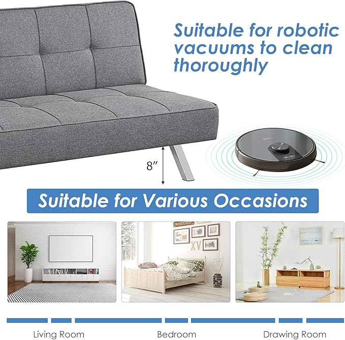 POWERSTONE Convertible Futon Sofa Bed Linen Small Couch Fabric Folding Sleeper Sofa for Living Room Furniture Set with Chrome Legs Gray