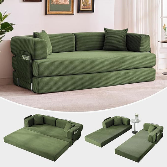 Convertible Sleeper Sofa Bed 78.8 Floor Sofa Bed 5-in-1 Folding Mattress Couch Loveseat with Fixed-Shape Frame Pillow Corduroy Fabric for Living Room Bedroom Lounge Green