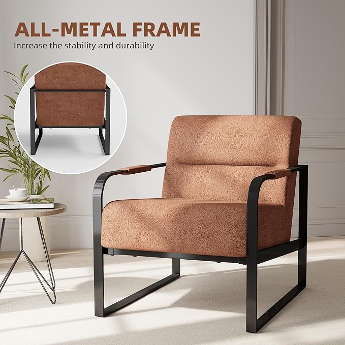 Mid-Century Modern Accent Chair Upholstered Lounge Armchair with Pocket Coil Cushion Metal Frame Reading Chair Brown
