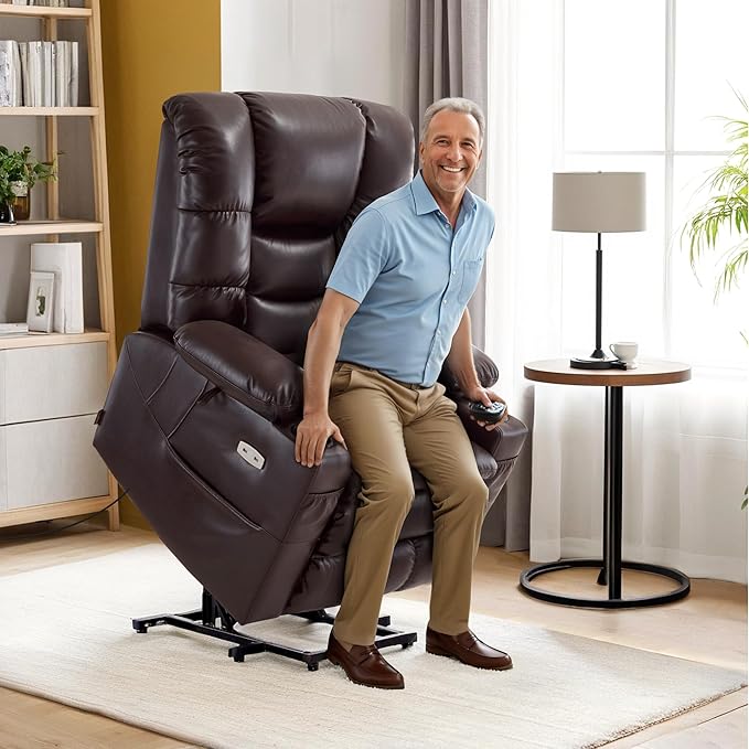 MCombo Large Triple Motor Power Lift Recliner Chair with Massage and Dual Heating Adjustable Headrest for Tall Elderly People Faux Leather 7634 (Dark Brown Large)