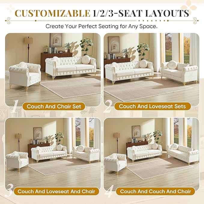 2 Pieces Chesterfield Sofa Set 2 &amp 3 Seater Comfy Tufted Velvet Couch with Rolled Arms &amp Pillows Mid Century Modern Couch and Loveseat Sets Retro Gold Couches Living Room Furniture (Beige)