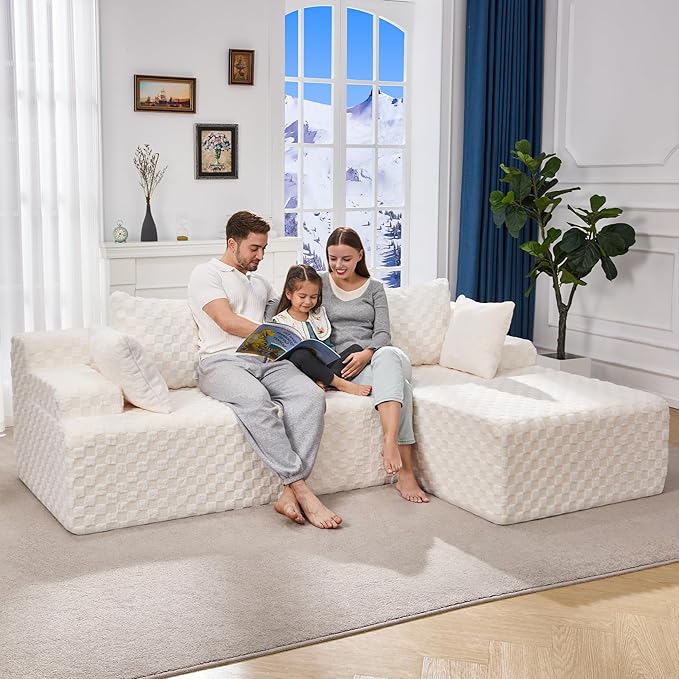 Modular Sectional Sofa Couches L-Shape Couch 3 Seat Modular Sofa Memory Foam Sectional Couches for Living Room Cloud Couch with Oversized Chaise (White Check 96 Right Facing Chaise)