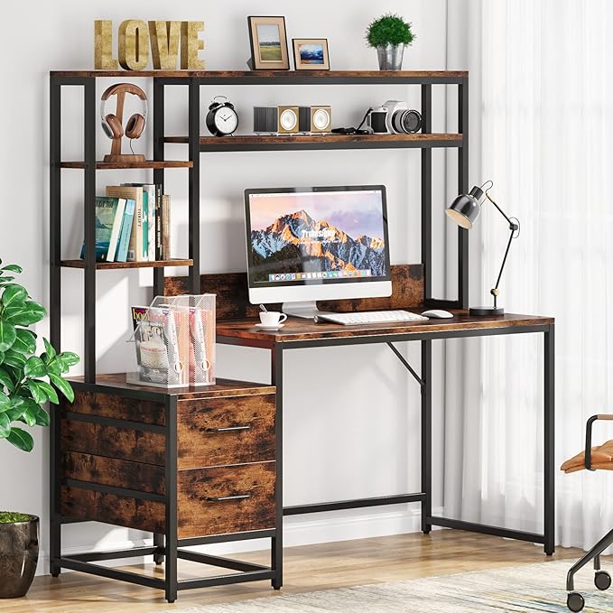 LITTLE TREE Computer Desk with Drawers and Hutch Rustic Office Desk with Storage Shelves for Home Office