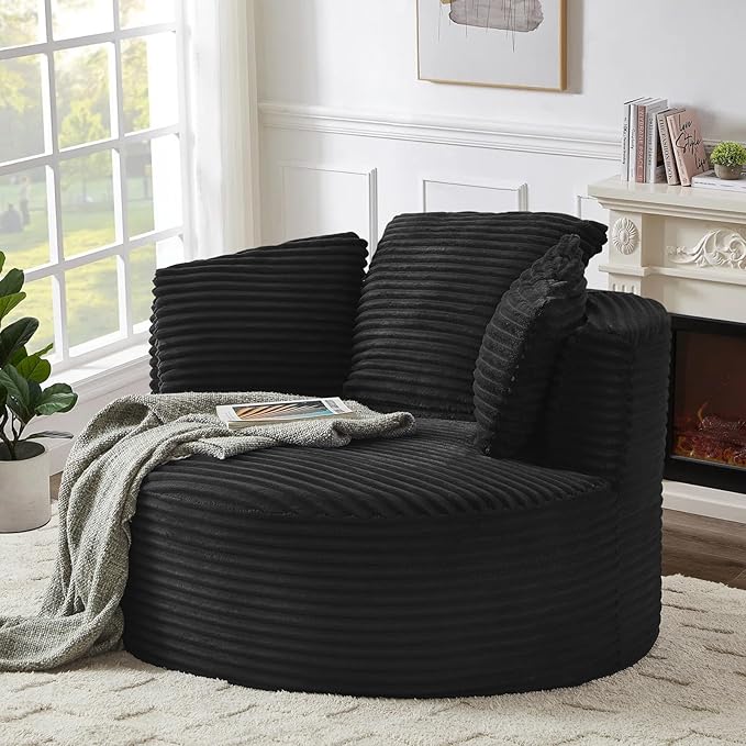 Round Chair Lounge Chaise Indoor 48.8 Oversized Sofa Chair Upholstered Corduroy Deep Seat Sleeper Sofa Bed No Assembly Required for Living Room Bedroom Apartment Black