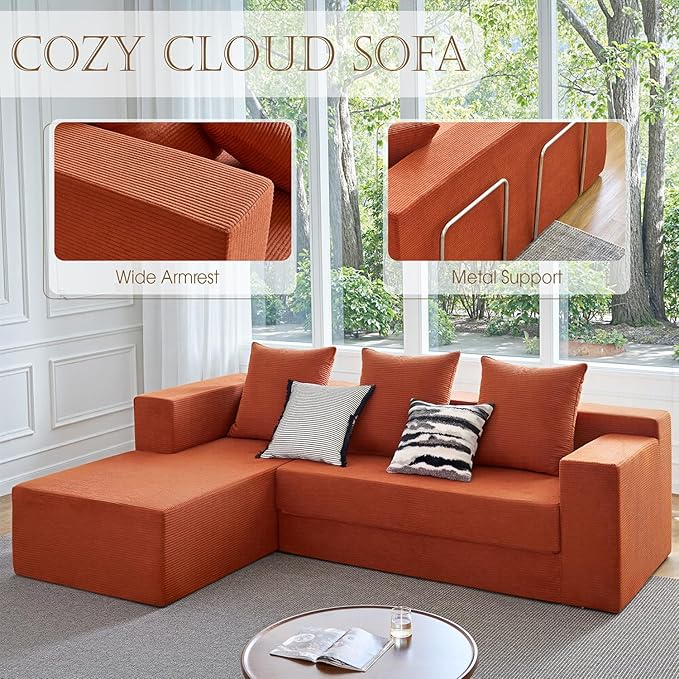 YINIX 2026 New 106 Modular Sectional Sofa High Back Cloud Couch for Living Room Comfy Fluffy Sofa with L-Shaped Chaise Upholstered Boneless Sofa Couches with Deep Seat No Assembly (Orange)