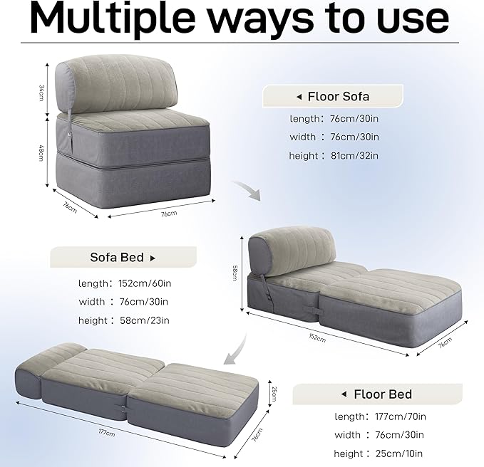 Daneey Convertible Folding Sofa Bed Folding Chair Bed Convertible Chair Bed Sleeper and Fold Out Couch Foam Floor Sofa Couch Bed Futon Sofa Bed for Bedroom/Living Room/Dorm Gray