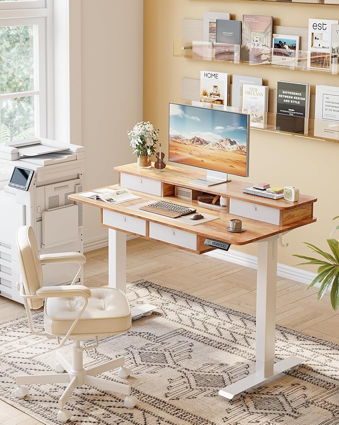 FEZIBO 48 x 24 inch Standing Desk with Drawers Height Adjustable Electric Workstation Computer Sit Stand Up Table with Large Storage Shelf 4 Drawers and 2 Hooks Light Rustic Brown