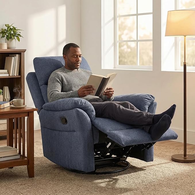 Oversized Rocker Recliner Chair Manual Swivel Rocking Recliners with Adjustable Backrest Footrest for Adults 360° Swivel Lazy Boy Recliner Chairs for Living Room Reading Bedroom Blue