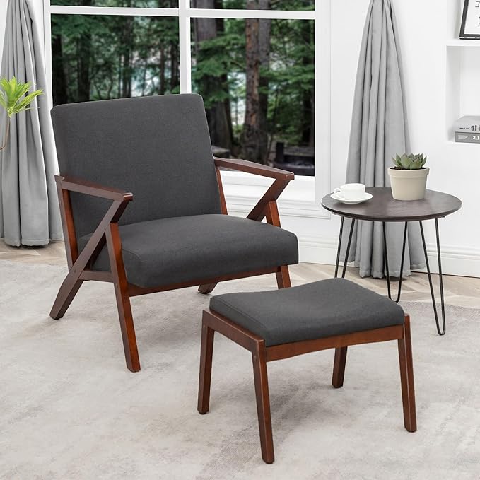 Convenience Concepts Take a Cliff Accent Armchair and Ottoman Set 28.5 - Mid-Century Modern Lounge Chair with Foot Stool Set for Living Room Office Dark Gray Fabric