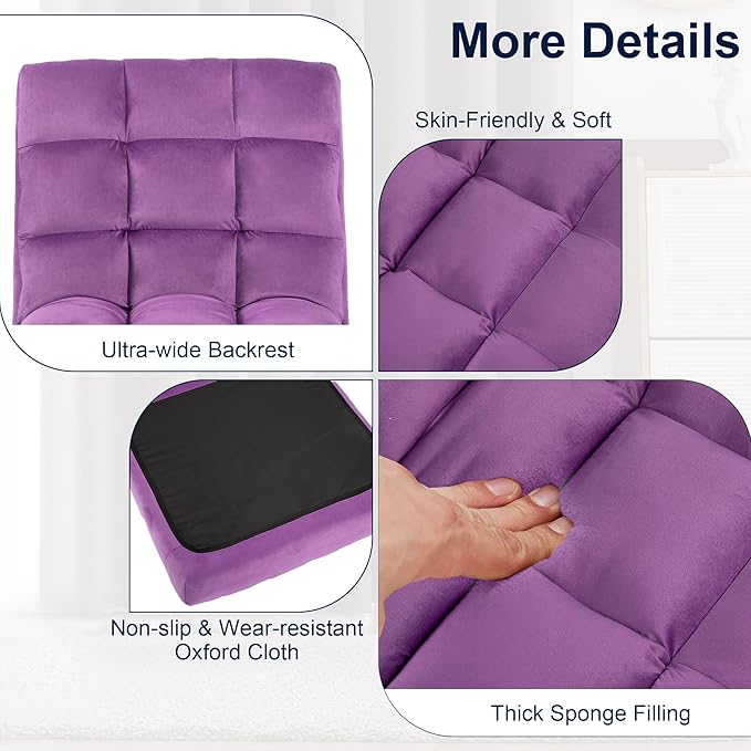 Floor Chair 24 inches Wide Oversized Velvet Armless Lay Flat Floor seat Padded Meditation Chair with 6 Adjustable Position Ergonomic Comfortable Convenient(LRSF-009-PURPLE)