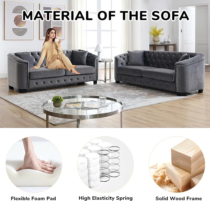 2 Piece Modern Chesterfield Velvet 77 3-Seater Sofa Set Upholstered Tufted Backrests with 8 Nailhead Arms and 4 Cushions for Living Room (Grey 2 Piece 77 3-Seater Sofa Sets)