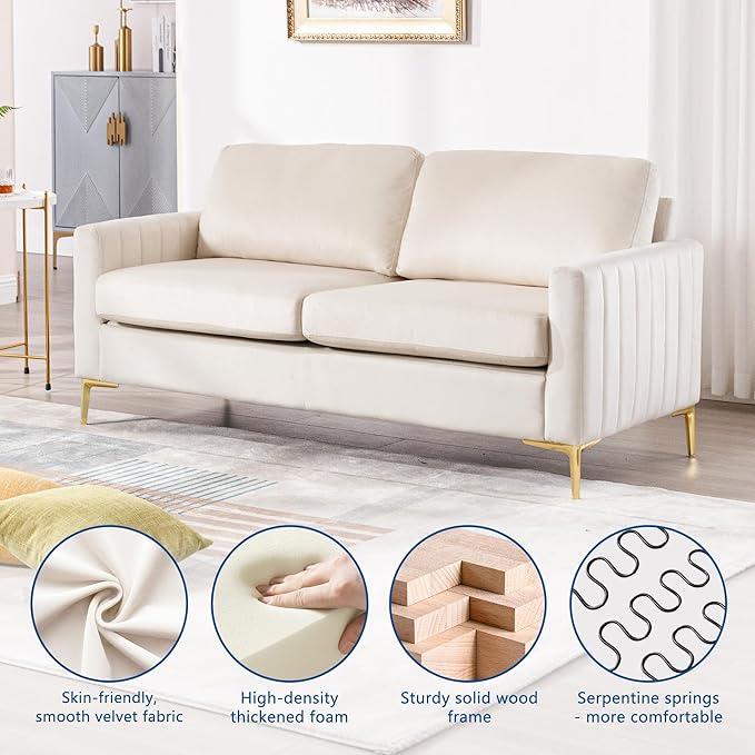 Small Couch for Bedroom 65 Mid Century Modern Loveseat Sofa Love Seat Living Room Comfy Channel Tufted Velvet Upholstered 2 Seater Sectional Couches for Small Space Office Apartment (Beige)