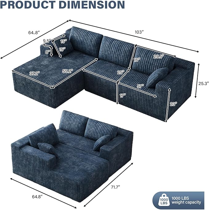 103 Boneless Couches for Living Room Comfy L Shaped Sectional Couches Modern Modular Sofa Cloud Fluffy Corduroy Couch with Deep Seat Left Facing Chaise No Assembly Needed Blue