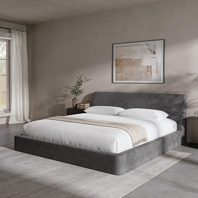 RECCI AirFrame King Size Bed Frame with Ergonomic Angled Foam Cushioned Headboard Minimalist Design Platform Bed Frame No Box Spring Needed Easy Assembly (Moon Grey)