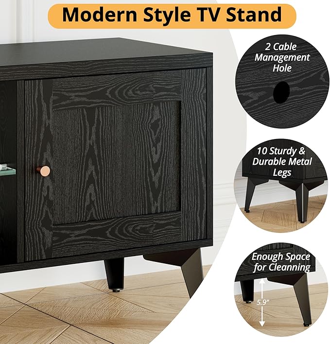 LIKIMIO 2-in-1 TV Stand for 85 Inch TV Black TV Consoles with LED Lights &amp Charging Station Entertainment Center with Storage Cabinets &amp Adjustable Glass Shelves TV Table for Living Room &a