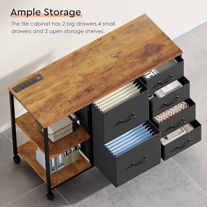 6 Drawer File Cabinet with Charging Station Rolling Printer Stand with Open Storage Shelf Fabric Lateral Filing Cabinet for Home OfficeRustic Brown