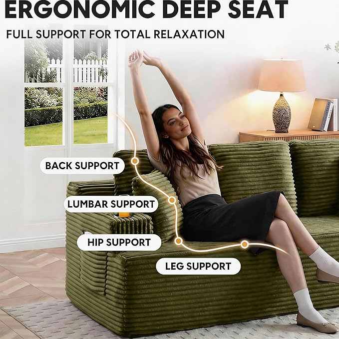 66.5 Cloud Loveseat Boneless Sofa Couch in a Box 2 Seater Foam Compression Couches Modern Living Room Floor Sofa Couch Corduroy Small Love Seat No Assembly Required Green