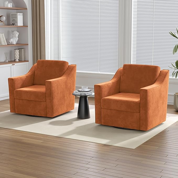 Swivel Accent Chairs Set of 2 360° Swivel Upholstered Club Armchairs for Living Room Comfy Single Sofa Reading Chair with Deep Seat Metal Swivel Base Chenille Fabric Orange