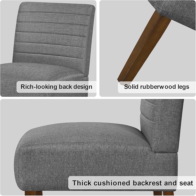 Slipper Accent Chair Modern Armless Lounge Chair with Wood Legs Upholstered Makeup Vanity Tufted Side Chair Fabric Comfy with Decor Back for Living Room Bedroom Patio (Horizontal Back Grey)