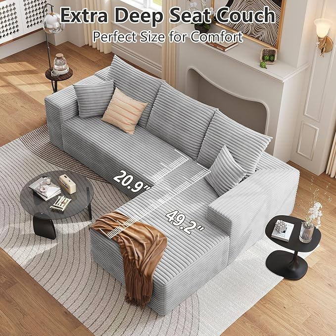 107 Cloud Sectional Couch with L-Shape Chaise Modern Modular Sofa with Deep Seat Corduroy Upholstered Couches for Living Room BedroomNo Assembly Required(Grey Right Facing)