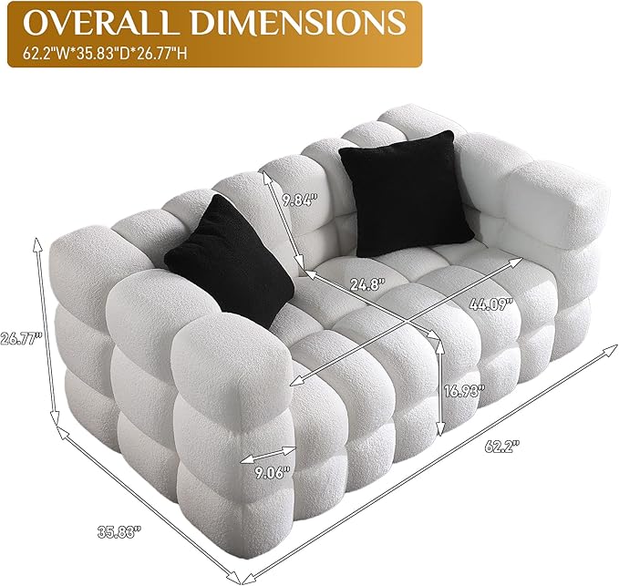 Boucle Sofa Couch 62.2 Comfy Upholstered Sherpa Loveseat Cozy Tufted 2-Seater Cloud Deep Seat Couch Small Modern Love Seat with 2 Pillows for Living Room Apartment Bedroom White
