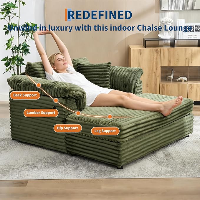 Oversized Chaise Lounge Chair Indoor Upholstered Sofa Bed with Throw Pillows and Armrests Comfy Corduroy Sleeper Couch with Cup Holders and Charging Port for Living Room Bedroom 60 Inch Wide Green