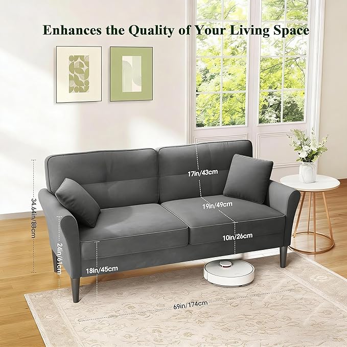 Loveseat Sofa 69 Love Seat Couches Comfy Velvet Small Sofa Couch for Bedroom with 2 Pillows Tool-Free Setup Sofas &amp Couches 700lb Load Sofas for Living Room Mini Couch for Bedroom Grey Couc