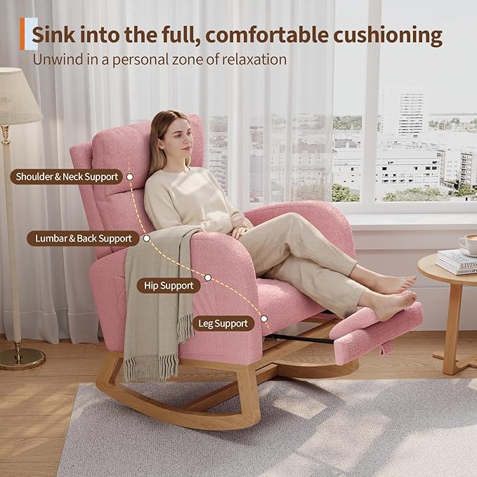 GarveeHome Teddy Fleece Rocking Chair with Footrest Modern Nursery Glider Chair with Side Pockets and Pillow Rocker Chair for Living Room Bedroom Nursing Room Pink