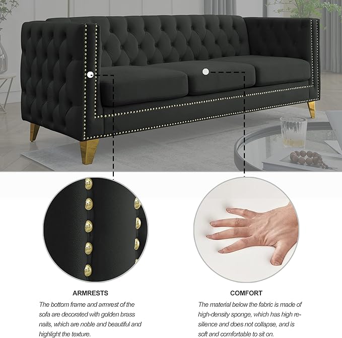 KEIKI Tufted Velvet 3+3 Seat Sofa Couch for Living Room Buttons Tufted Square Arm Couch for Home Apartment Black
