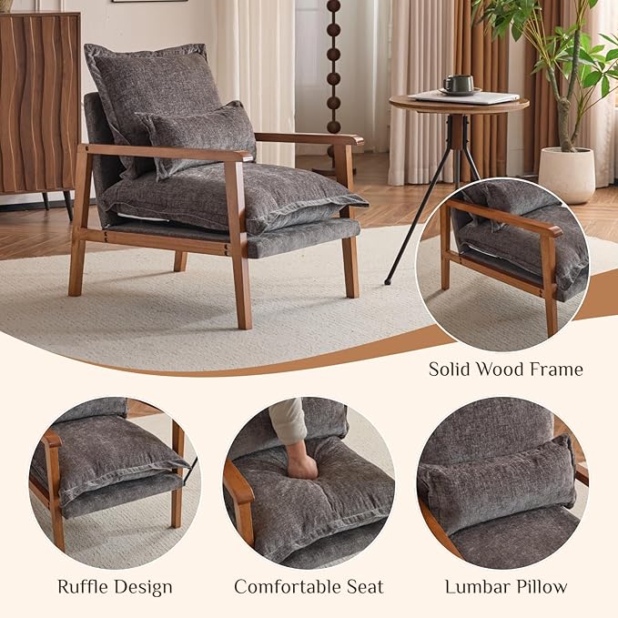 Karl home Midcentury Accent Chair for Living Room Chenille Upholstered Lounge Armchair with Lumbar Pillow Ruffle-Designed Cozy Reading Chair with Wood Legs Gray