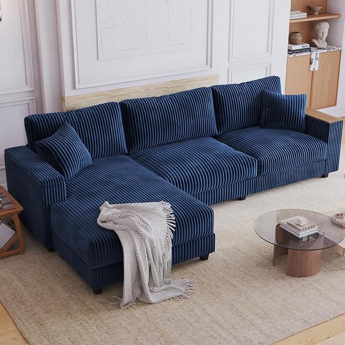 114.5” Corduroy Sectional Couch with 2 Pillows with Reversible Chaise Oversized Sofa L Shaped Couch with Two Armrests Hidden Storage Space Sectional Couches for Living Room Blue