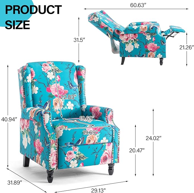 Recliner Chair Upholstered Wingback Floral Pushback Armchair with Adjustable Backrest &amp Footrest Comfy Accent Chair Reading Single Sofa for Small Spaces Living Room Bedroom (Peacock Set of 1)