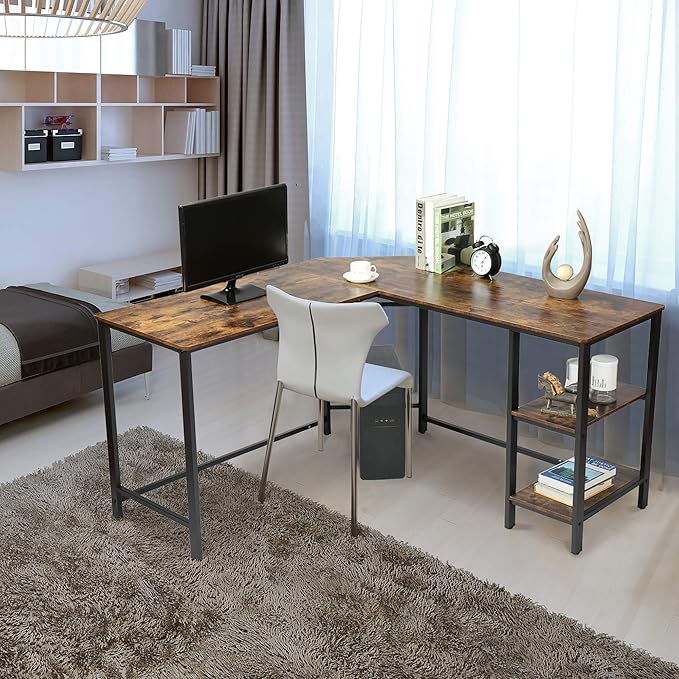 L Shaped Corner Computer Desk 54.3 inch with Storage Shelf Long Gaming Desk for Home Office PC Workstation Saving Space Laptop Table Rustic Brown